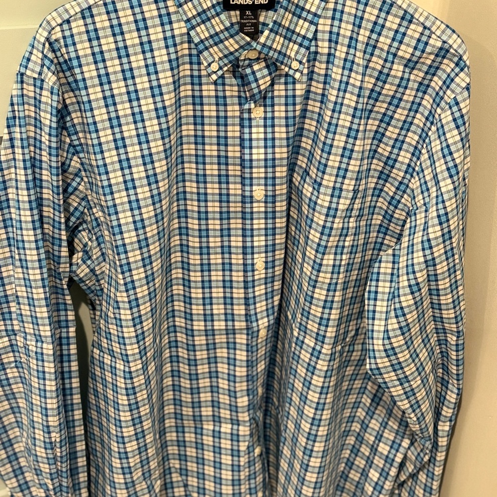 Lands' End Men's Blue and White Checkered Shirt